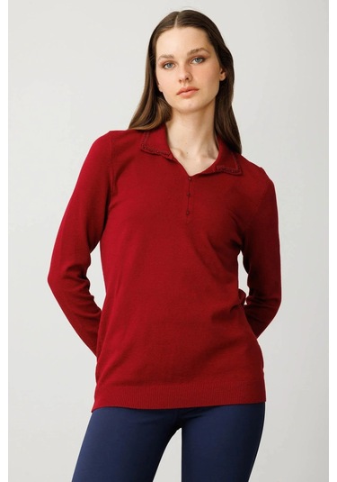 Desen Triko Kadın Polo Yaka Nakış İşlemeli Ligralı Bluz 25092 Vişne Vişne