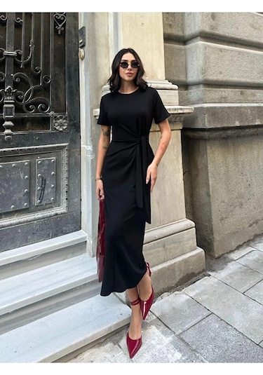 Modazeyosh Bağlamalı Modal Kumaş Elbise Siyah