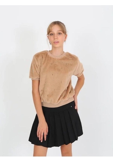 Kız Çocuk Peluş Taş Detaylı Kısa Kollu Kazak-14822 Kahverengi