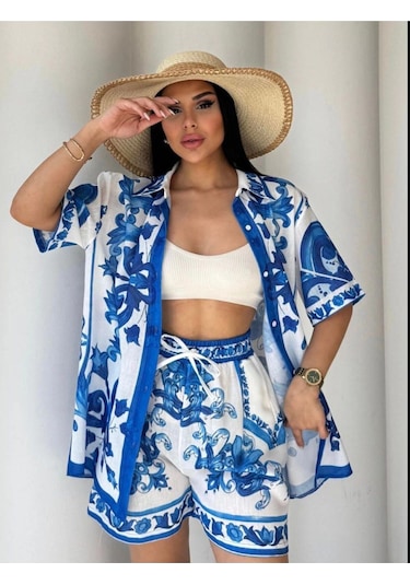 Asprin Fashion Keten Kumaş Şortlu Takım Mavi