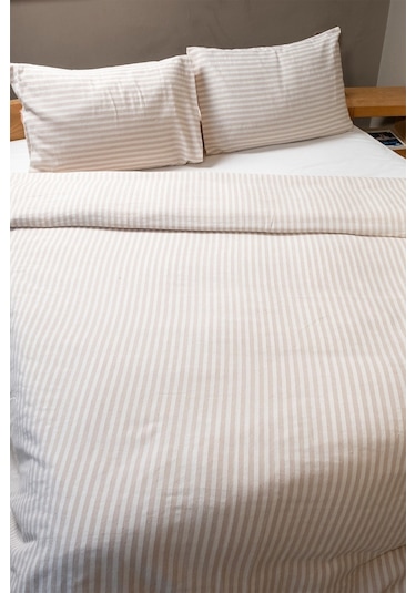 Vivamaison Çizgili Keten Tek Kişilik Nevresim + Yastık Sütlü Kahverengi