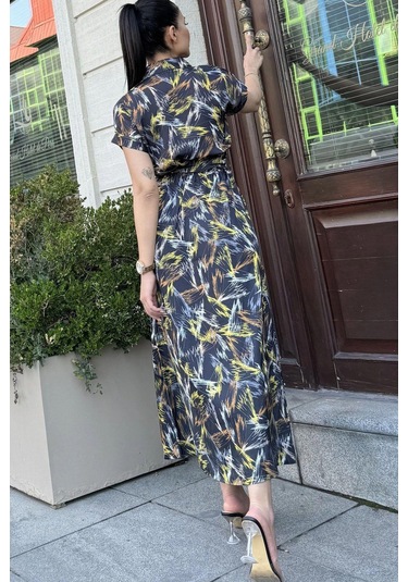 Kadın Siyah Desenli, Yarım Kol Ve Yarım Patlı Gömlek Yaka, Beli Lastikli, Salaş Uzun Saten Elbise Siyah