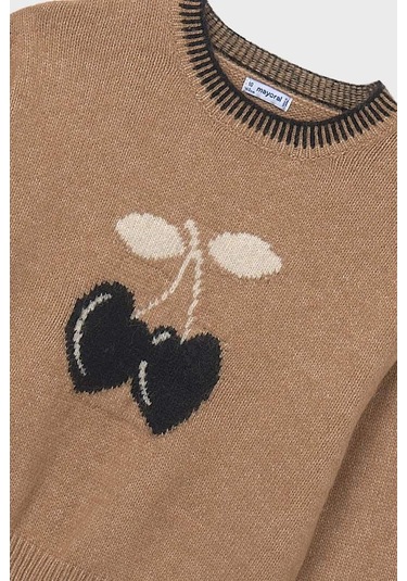 Kız Çocuk Kiraz Jakarlı Triko Kazak - Camel Sarı