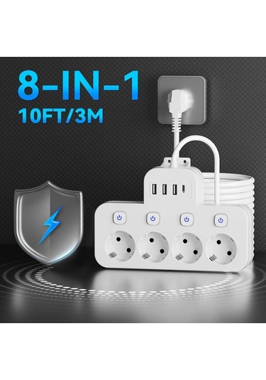 Xuweiwei Beyaz 10ft 8i 1 Arada Standart Eu Priz 4 Usb Portu Usb C Portlu Bagimsiz Anahtarlı 3m Uzatma Kablosu
