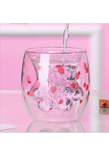 Kedi Pençe Kupası Yaratıcı Cam Çift Katmanlı Kahve Süt Kupası Kiraz Çiçeği Toz Ev Şeffaf Yalıtım Cam Su Kupası Kupalar Pembe Altın