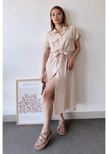 Kadın Bej Kısa Kol, Gömlek Yaka, Düz Desen, Çift Cepli, Aerobin Kumaş, Kuşaklı Maxi Elbise Bej