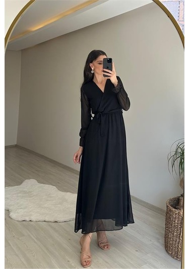 Neşeli Butik Kadın Uzun Kollu Kuşaklı Maxi Şifon Elbise Nm001 Siyah
