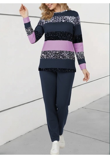 Evyora Kadın Uzun Kollu Bisiklet Yaka Çizgili Desen Iki Iplik Bluz Ve Pantolon Ikili Takım Pembe Evyora Kadın Uzun Kollu Bisiklet Yaka Çizgili Desen Iki Iplik Bluz Ve Pantolon Ikili Takım Pembe