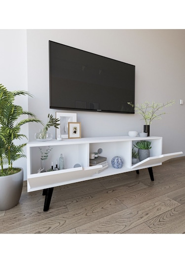 Siena Ahşap Ayaklı Tv Ünitesi Beyaz Televizyon Konsolu 140 Cm Ekonomik Modül Sehpa