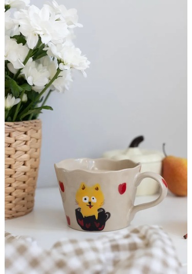 Perex Kedi Figürlü Kupa, Seramik Kupa, Kalp Desenli Kupa 312703845 Bej