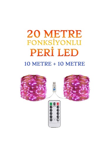Kumandalı Animasyonlu 20 Metre Usb Peri Led Parti Kutlama Tel Led Pembe