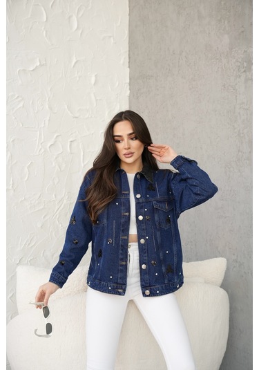 Kadın Cep Detaylı Tasarım Kot Ceket Mavi