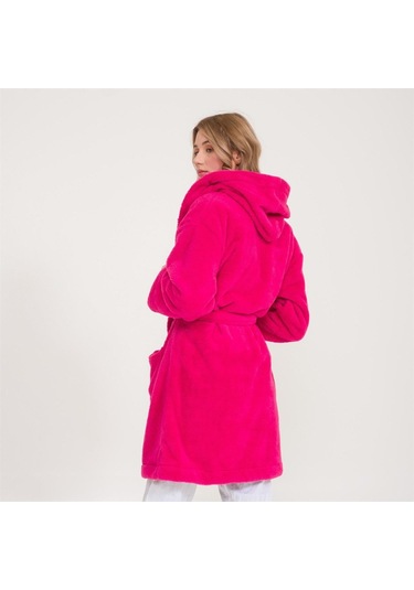 Welsoft Kapüşonlu Peluş Kadın Sabahlık Fuşya