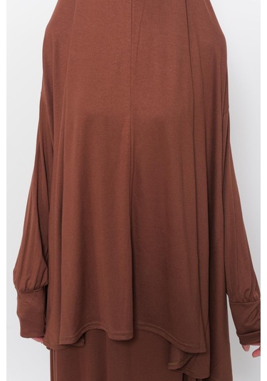 Pratik 2 Parça Pamuklu Yarasa Kollu Başörtülü Tesettür Namaz Elbisesi Çikolata Antrasit