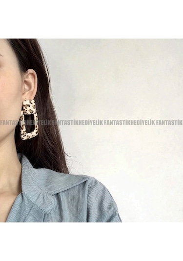 Dikdörtgen Zara Model Leopar Kumaş Kaplama Tarz Bayan Küpe Çok Renkli