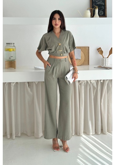 Düğme Detaylı İkili Takım Haki Haki