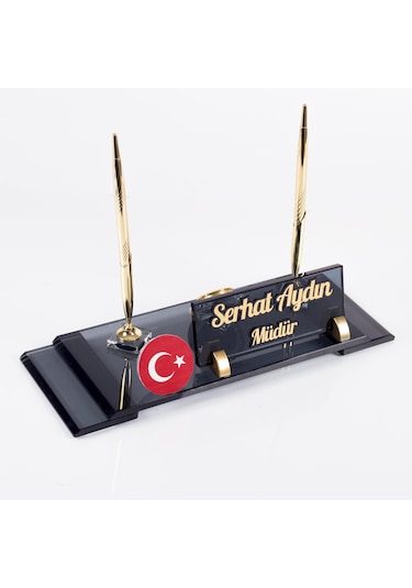 Ofistike Türk Bayraklı Logolu Elit Kristal Ofis Masaüstü İsimlik