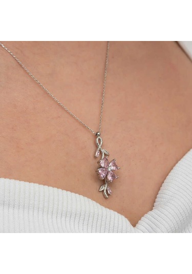 Gümüş Dönen Pembe Yonca Kadın Kolye Sl9052 Gümüş