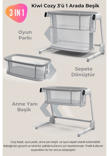 Kiwi Cozy Premium 3in1 Ağlamaya Duyarlı Anne Yanı Beşik, Park Yatak White Noise İle Kesintisiz Uyku