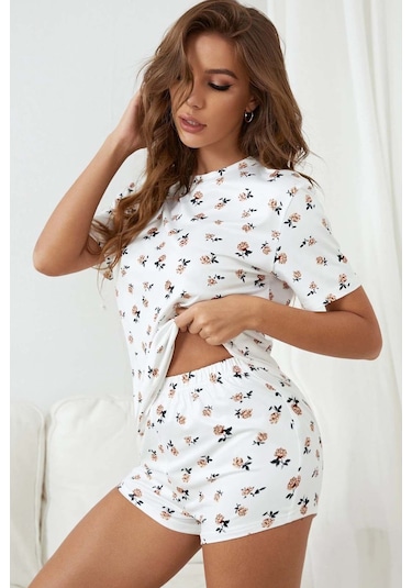 Merry See Baskılı Kısa Kollu Şortlu Kadın Pijama Takımı - Beyaz