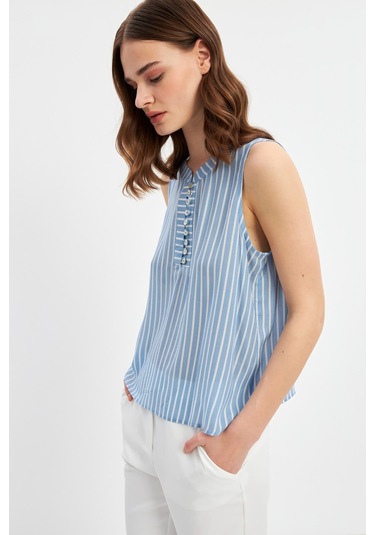 Stella Pulvis Mavi Düğme Detaylı Kolsuz Bluz Mavi