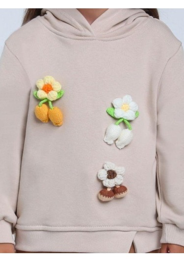 Kız Çocuk Çiçek Örgü Detaylı Kapüşonlu Sweatshirt-14306 Bej