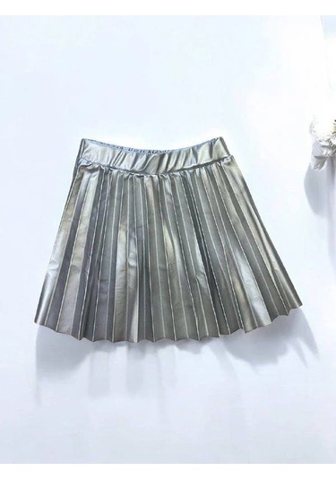 Kız Bebek Pileli Deri Etek-14903 Gümüş