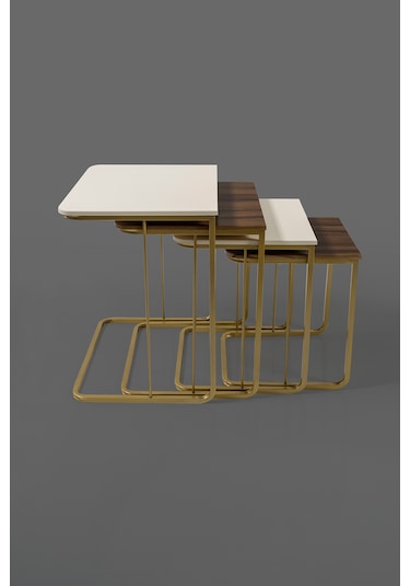 Tekerleksiz - Vegas Zigon Sehpa 4 Lü - Gold - Krem - Ceviz