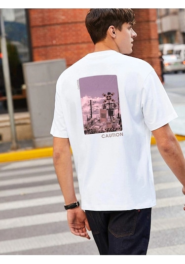 Erkek Siyah Oversize Caution Baskılı T-shirt Beyaz-65543