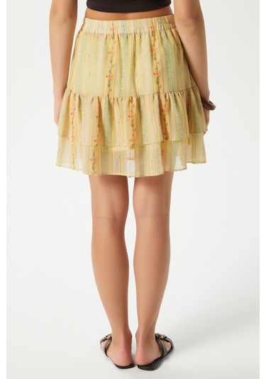 Kadın Juliet Sarı Çiçek Desen Astarlı Volanlı Mini Şifon Dokuma Etek