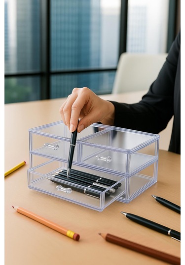 Şeffaf 3 Çekmeceli Kalemlik Düzenleyici Organizer 14 24 10 Cm Şeffaf