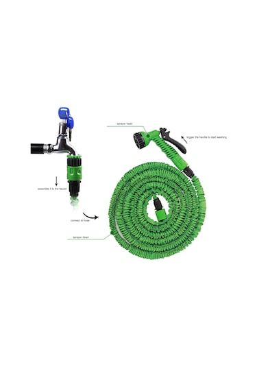 Mufunye Yeşil Gartımsı Geniş Kullanımlı 7.5m Şişirilebilir Su Hortumu, Yüksek Basınçlı Yıkama Pistoli Ve Bağlantı Aksesuarları Seti