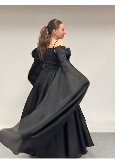 Kız Çocuk Abiye Siyah Uzun Askılı Kolları Çıkabilen Pelerinli Şifon Abiye Elbise 10-15 Yaş Siyah