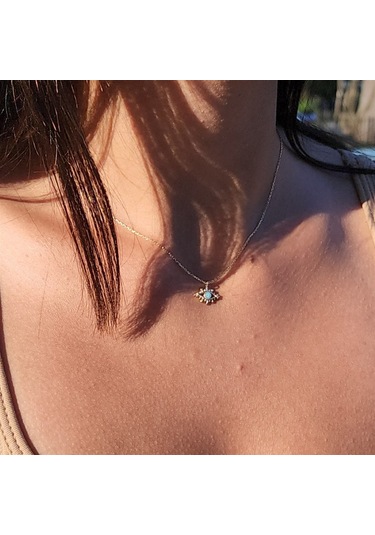 Tasarım Kirpik Nazar Boncuğu Firuze Mineli Göz Tasarım Stil Modern 14 Ayar Altın Kolye- Altın Kolye