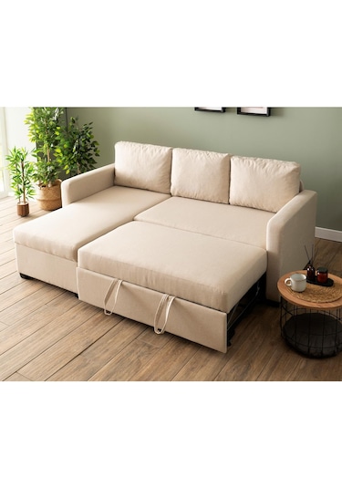 Pafu Kado Yataklı Köşe Koltuk Takımı - Keten Krem Krem