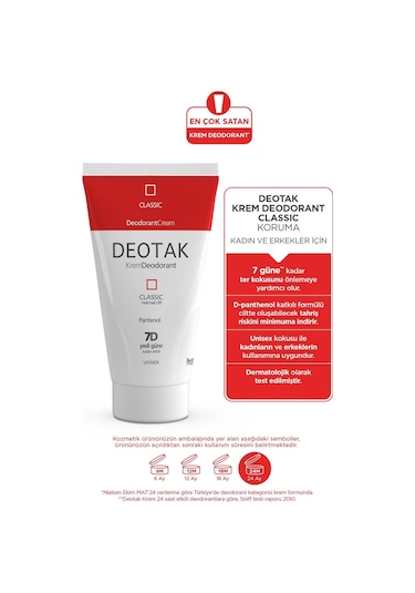 Deotak Classic Koruma 7 Güne Kadar Etkili Hassas Ciltler İçin Kadın - Erkek Kullanım Krem Deodorant 35 ML