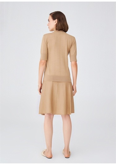 Peraluna Çizgili Yüksek Bel Bol Kesim Triko Etek Camel Melanj Camel