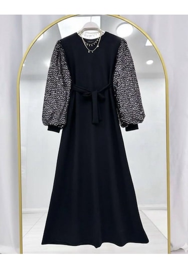 Lovie Moda Kadın Kolu Pul Paletli Elbise Siyah