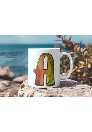 A Harf Yaprak Renkleri İle Kupa Bardak - Kişiye Özel Alfabe Harfli Bardak - Hediye Beyaz