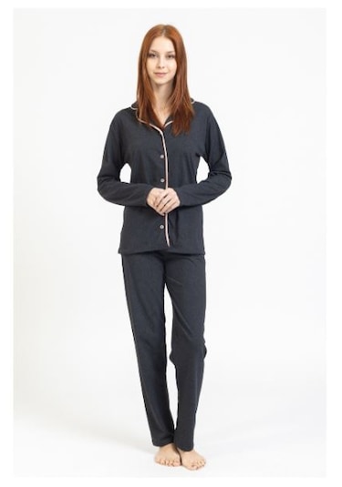 Tampap Gömlek Yaka Düğmeli Kadın Pijama Takımı 3010 Füme