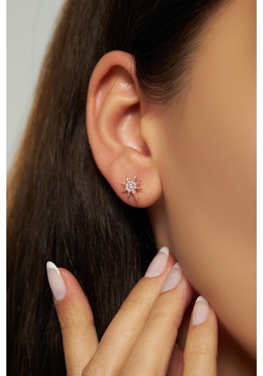 Zirkon Taşlı Rose Kutup Yıldızı Çivili Gümüş Küpe Gümüş