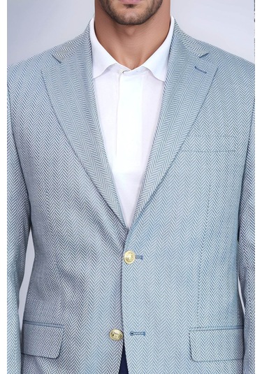 Açık Mavi Balıksırtı Desenli Gold Renk Metal Düğmeli Slim Fit Erkek Blazer Ceket - Wessi Navy Blue