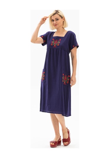 Kısa Kol Şile Bezi Melek Midi Boy Elbise Mor Mor