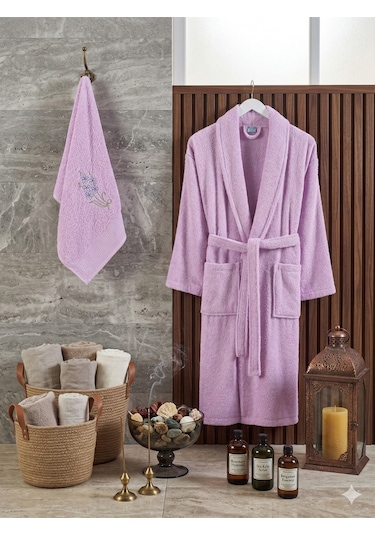 Premium 2'li Aile Bornoz Seti Çeyizlik Pamuklu Hediyelik Banyo Takımı L/xl Leylak