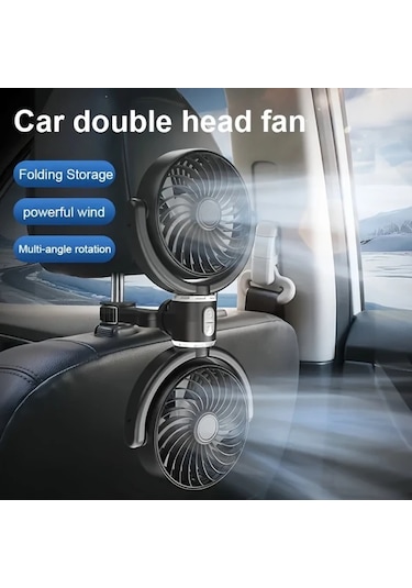 Motion003 1 Adet Siyah Çift Başlıklı Usb Araç Koltuk Fanı Katlanabilir Dönebilir Sessiz Güçlü Rüzgar Kamyonet Suv Sedan Yaz Seyahati