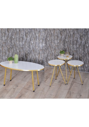 Zigon Sehpa Ve Orta Sehpa Elips Gold Metal Ayak Gold Beyaz Set