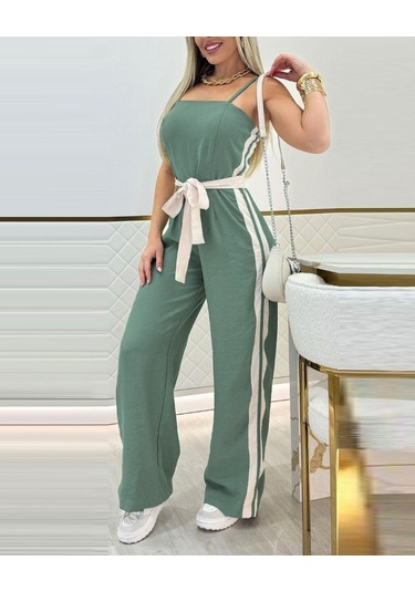 Ahes Shopping Kadın Ip Askılı Straplez Belden Kuşaklı Viskon Iki Iplik Tulum Yeşil