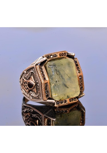 Gerçek Prehnit Yeşim Taşı Yüzük - Ayar Gümüş Erkek Bant Yüzüğü Gümüş