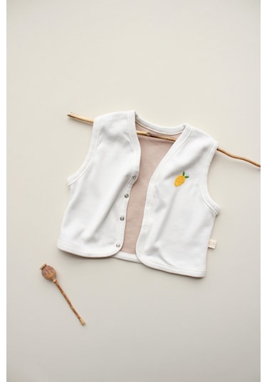 Limon Nakışlı Çift Taraflı Yelek Krem