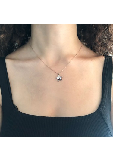 Ferizz Zirkon Taşlı Rose Yıldız Model Gümüş Kolye Gk-314